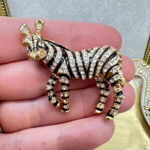 Vintage Jewelry Rhinestone Enamel Zebra Brooch Pin Safari Africa Zoo